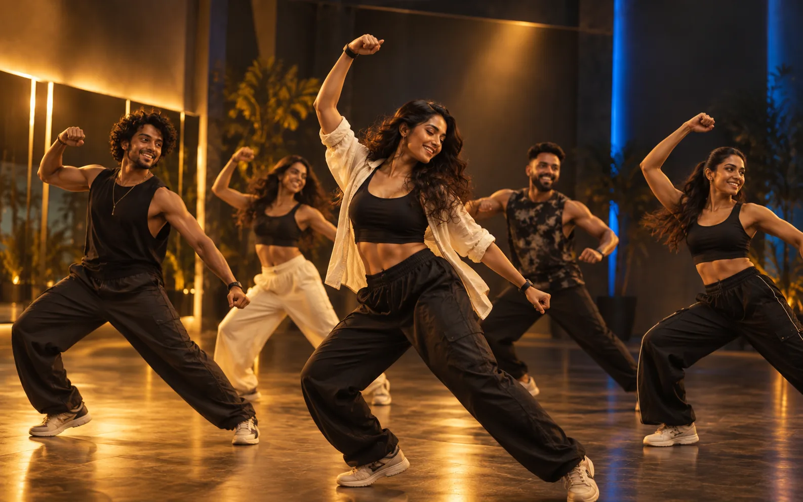 Indian dancers exploring movement and creative expression in a warm, cinematic VOLVE studio setting.